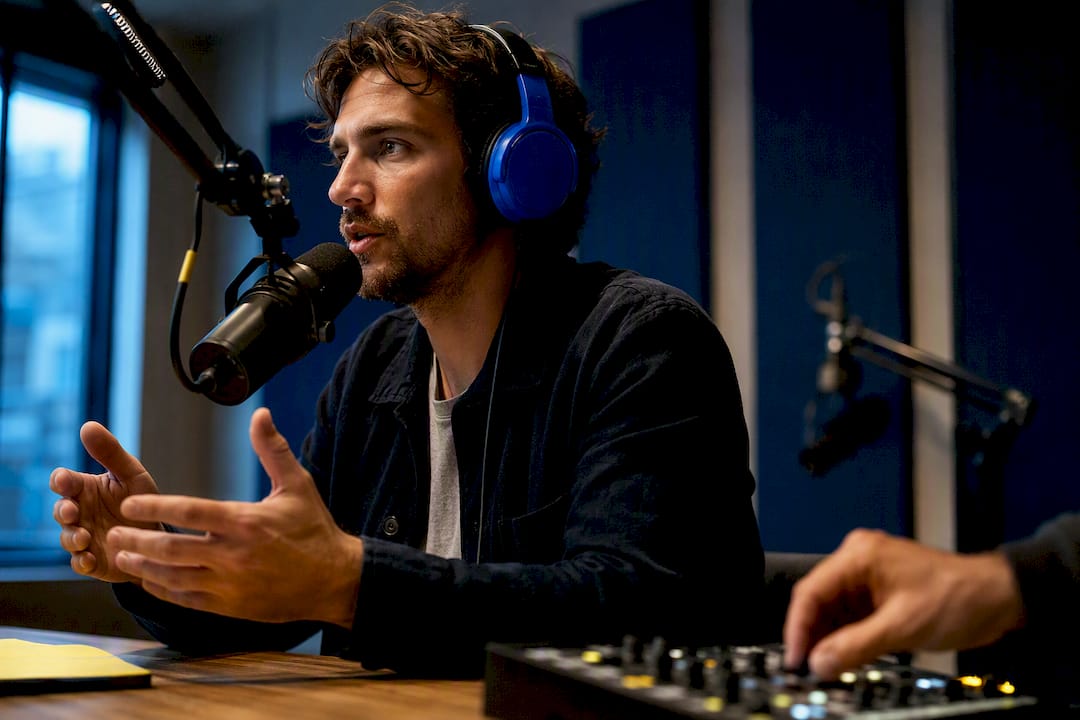 Host recording a branded podcast