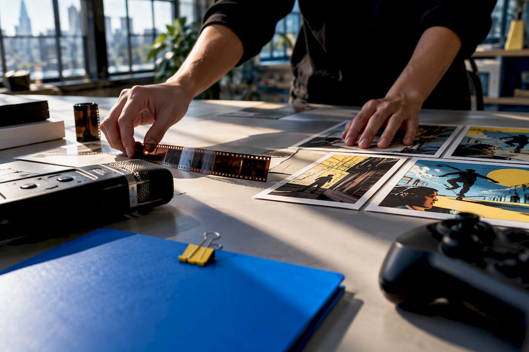 Story materials arranged across a creative media table