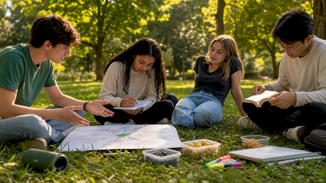 Group reviewing exam notes and mark scheme