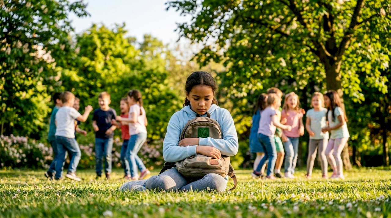 Alone girl showing social stress at school courtyard
