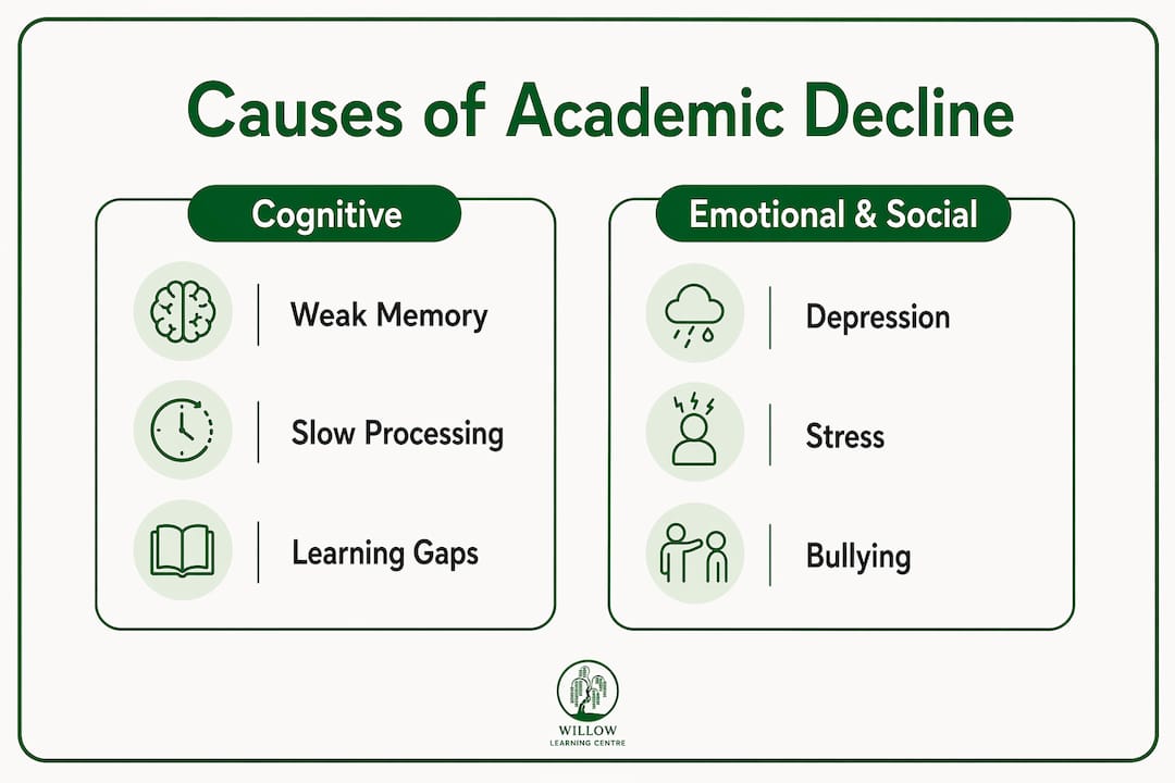 Infographic showing causes of academic decline categorized