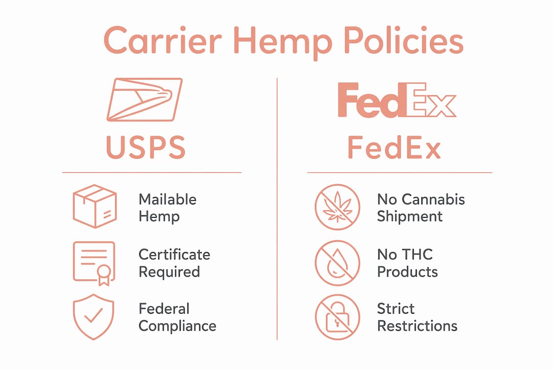 Infographic comparing hemp shipment regulations of USPS and FedEx