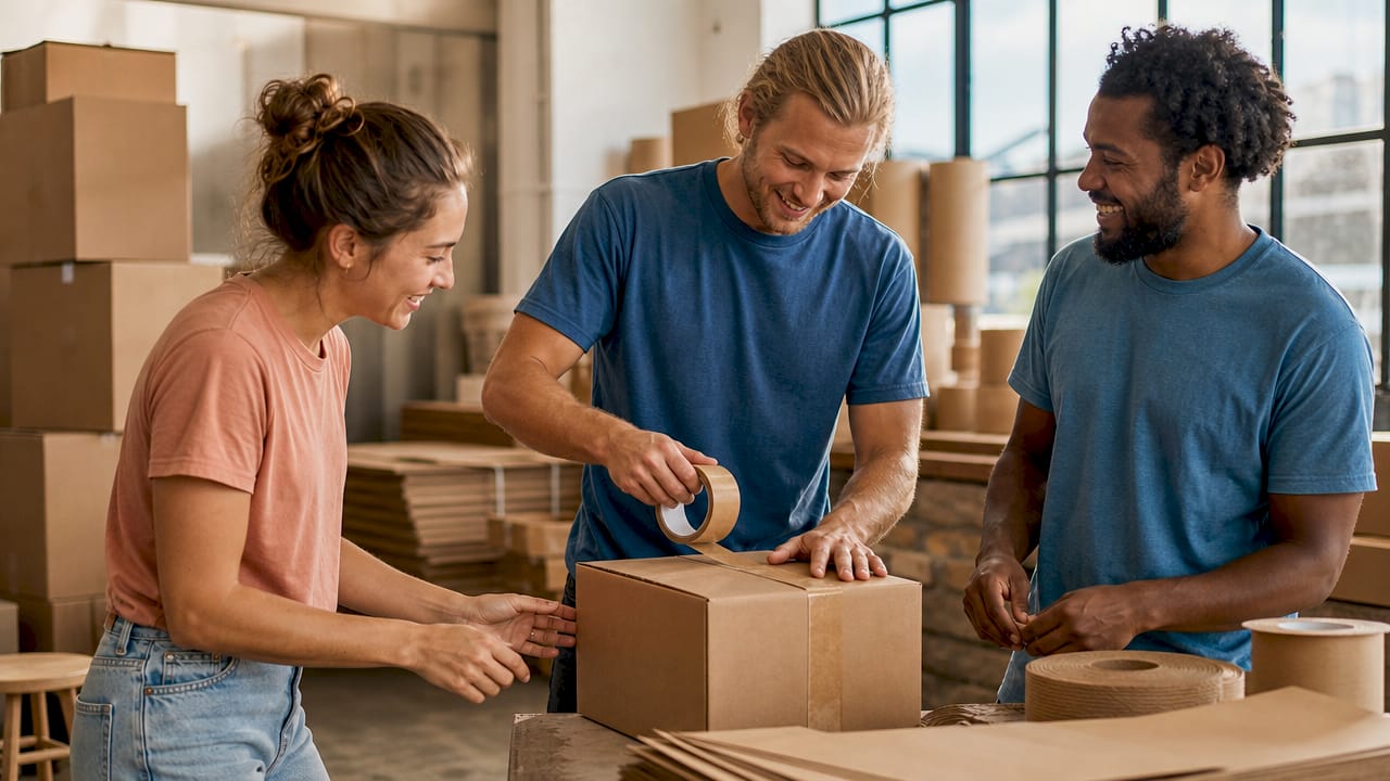Hands sealing hemp shipment box in warehouse