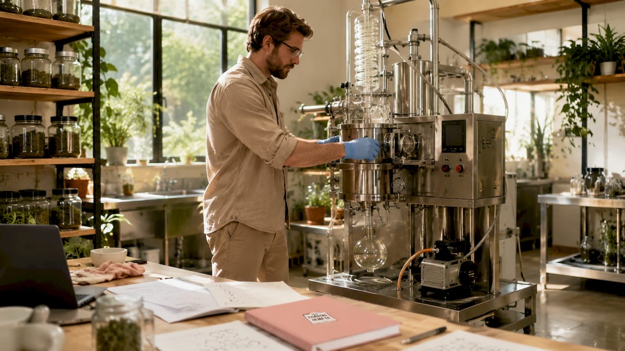 Scientist adjusting hemp extraction equipment controls
