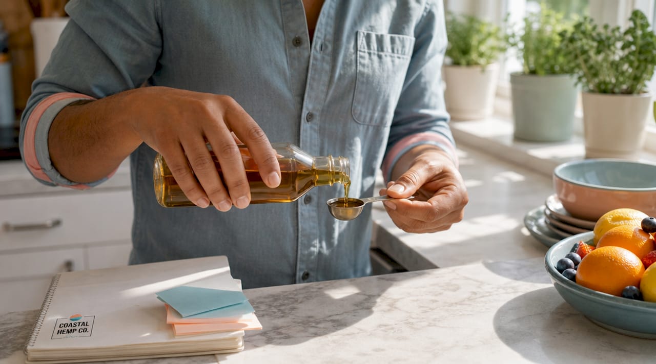 Hands holding hemp oil dropper over planner on desk