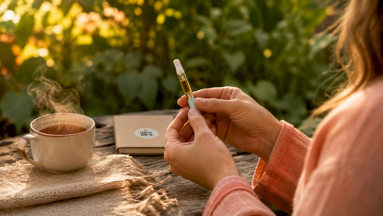 Hands holding hemp vape cartridge in cozy setting