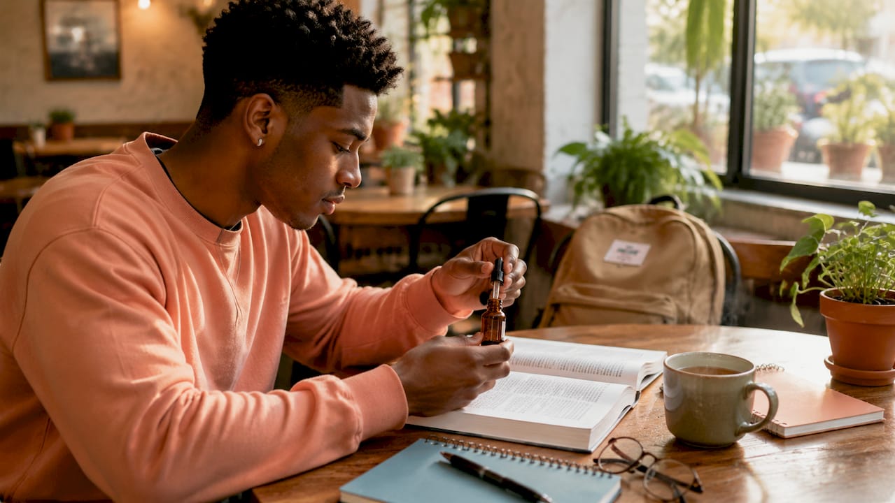 Hands holding CBD oil bottle near textbook