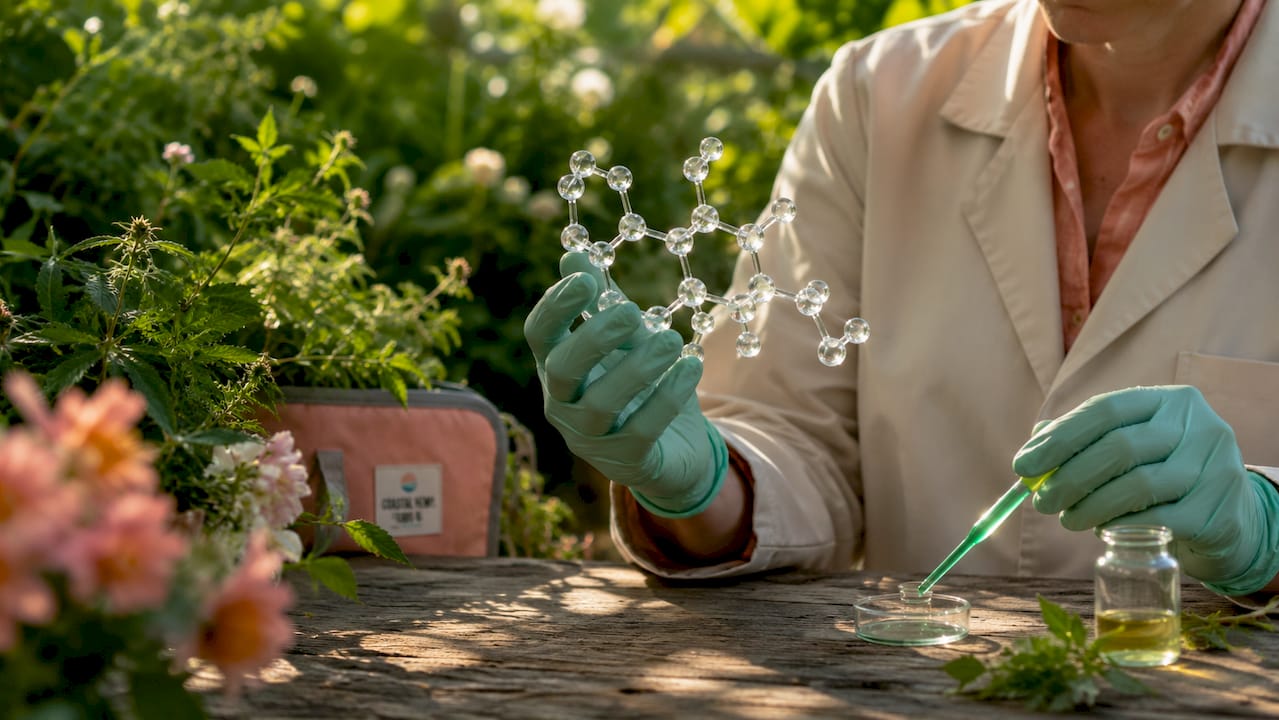 Scientist holding cannabinoid receptor model in lab