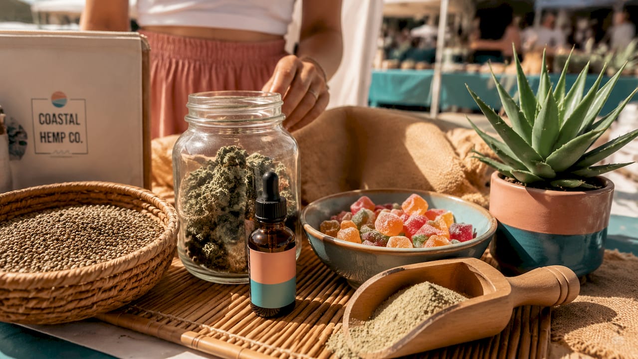 Overhead view of various hemp product types on kitchen counter