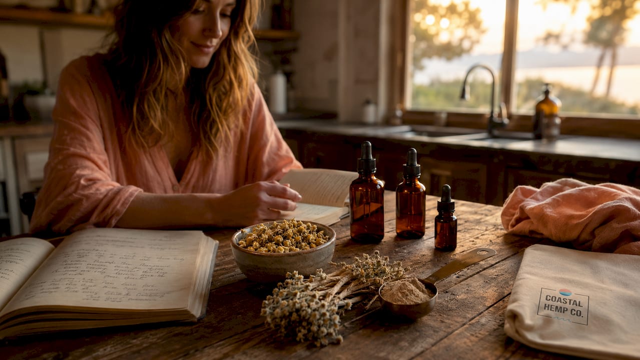 Top-down view of hemp sleep aid products and botanicals