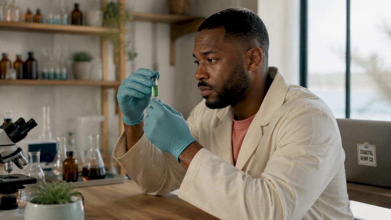Lab technician examining hemp extract vial in lab