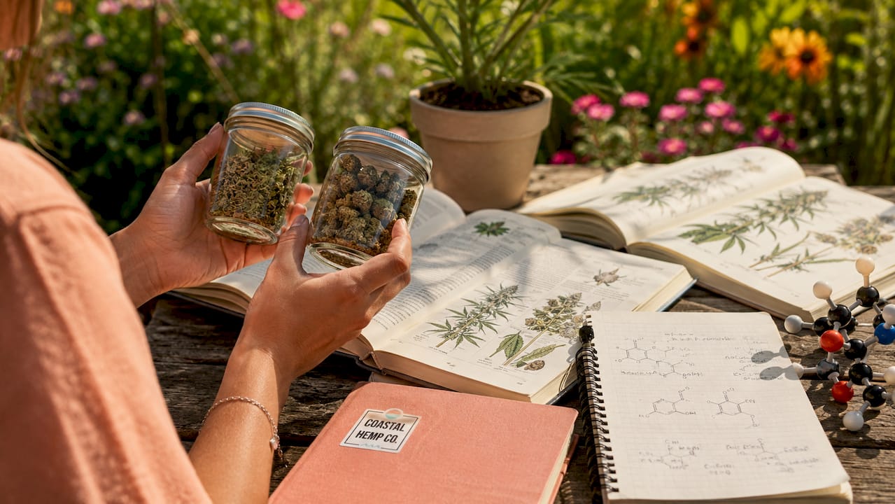 Hands comparing hemp and marijuana plant samples