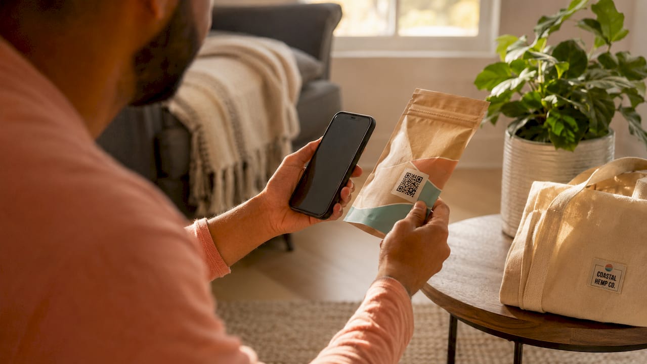 Hands scanning hemp product lab QR code