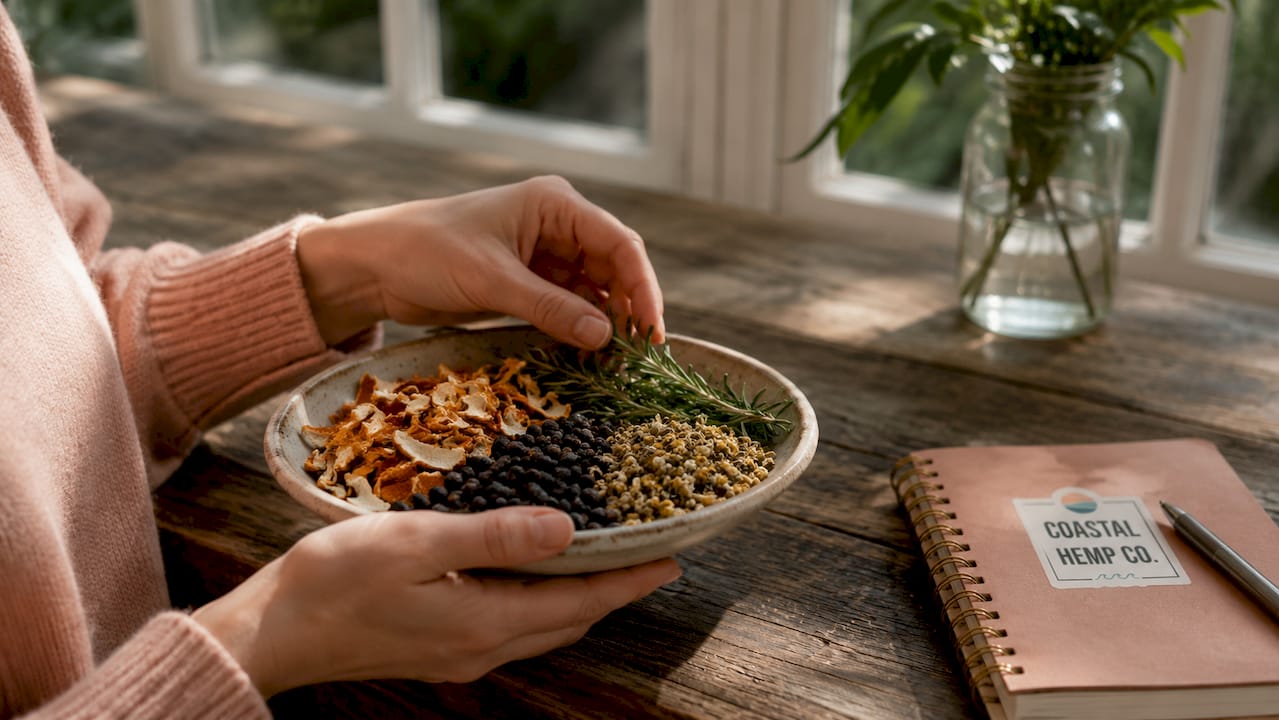 Hands holding bowls of natural terpene source plants