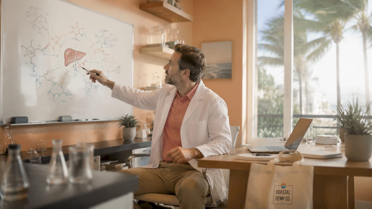 Researcher studying liver enzyme metabolism diagrams