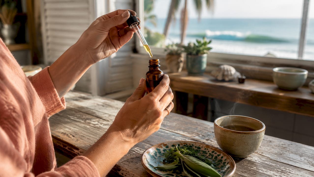 Close-up hands holding CBD oil dropper over desk
