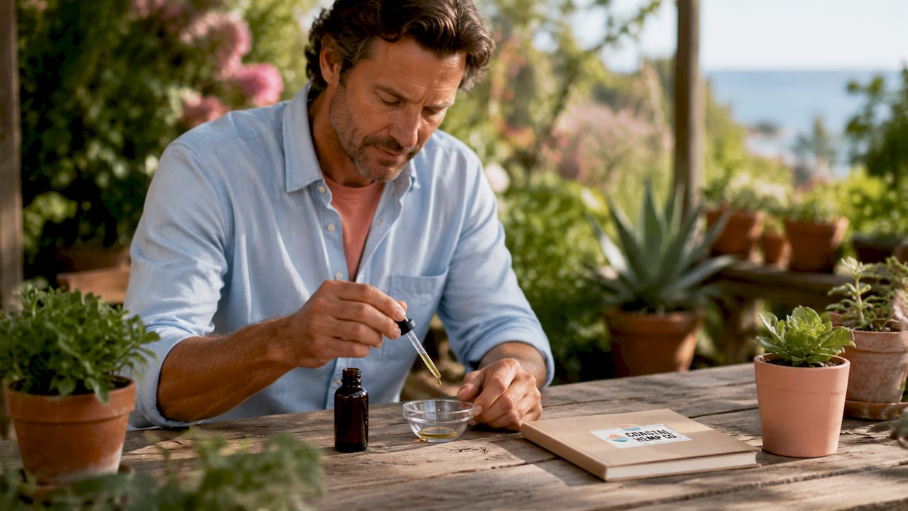 Man measuring full-spectrum CBD oil at desk