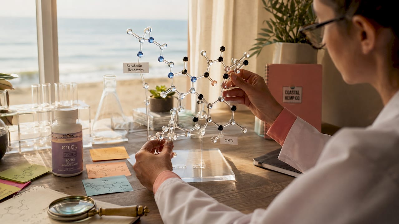 Scientist holding serotonin receptor molecular model
