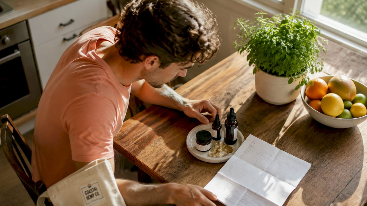 Man reviewing minor cannabinoid supplements at desk