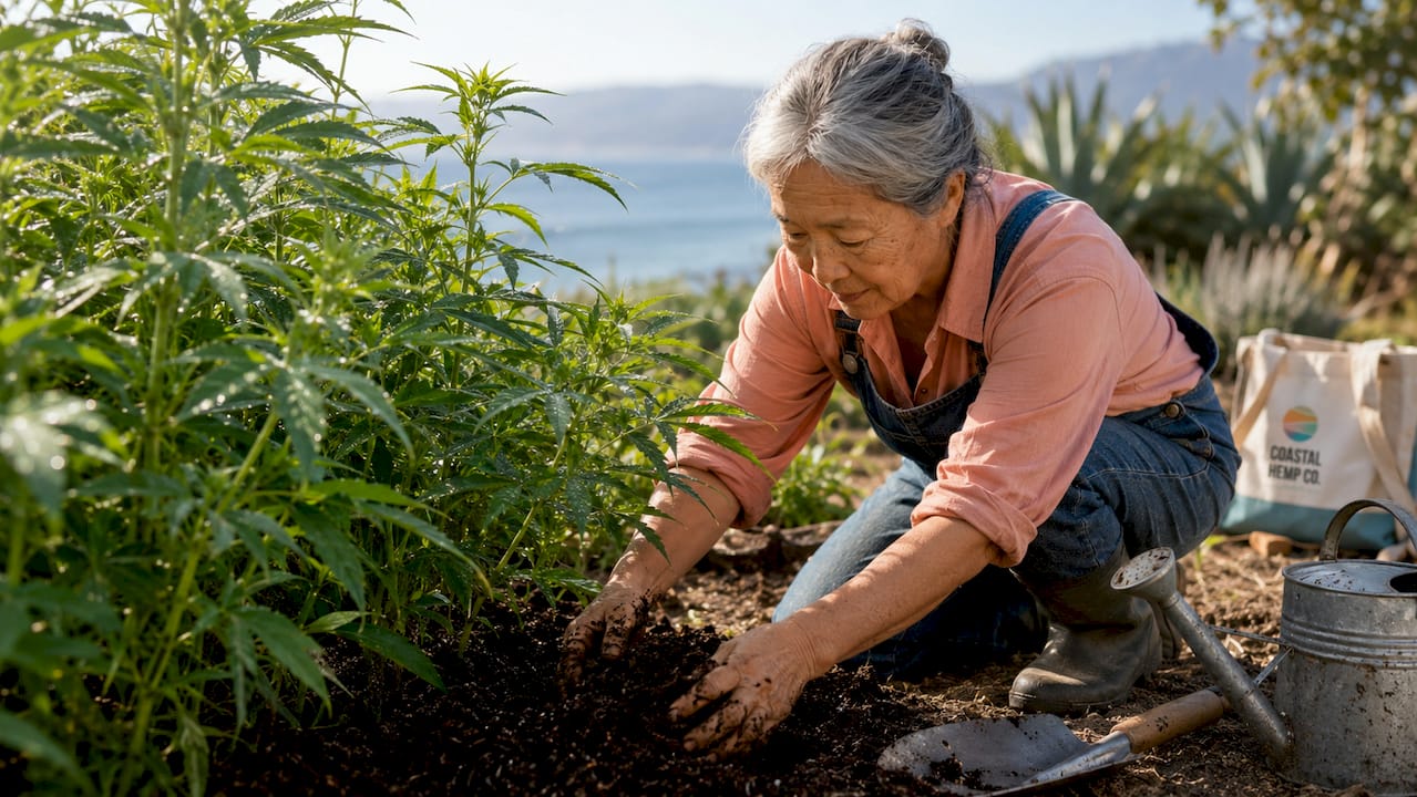 Hands applying organic compost to hemp plants