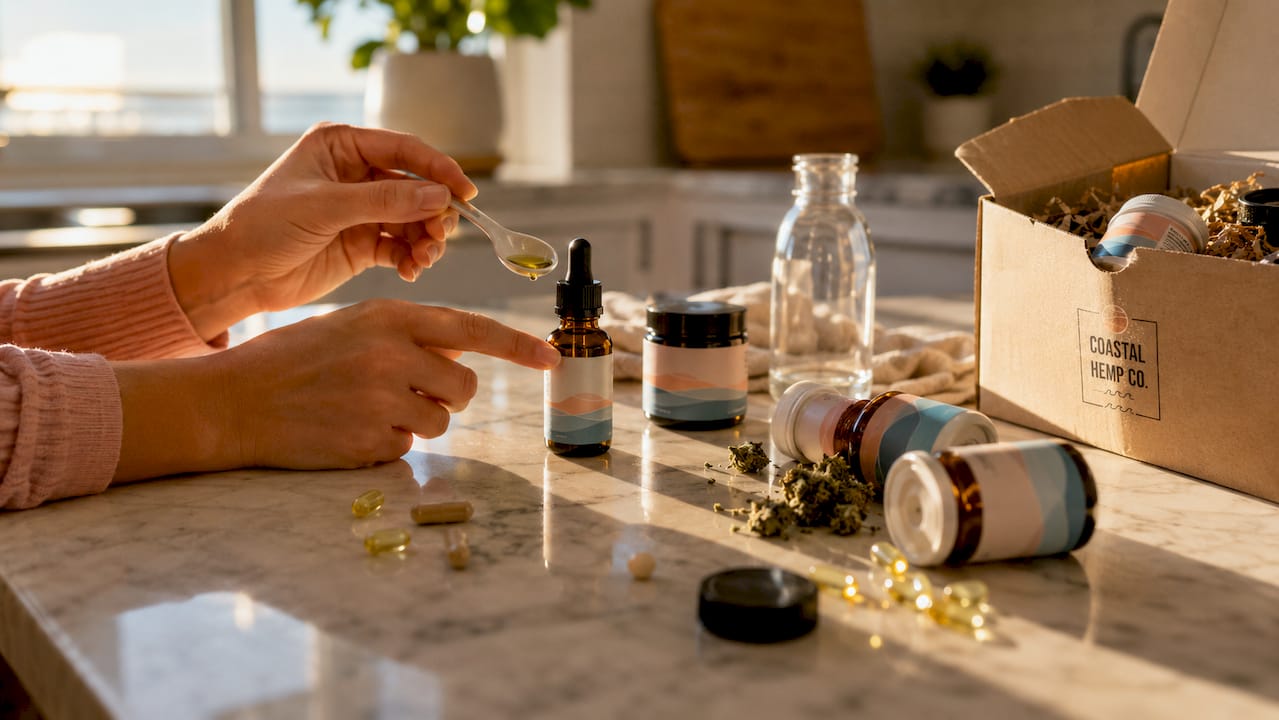 Hands examining hemp product labels and samples