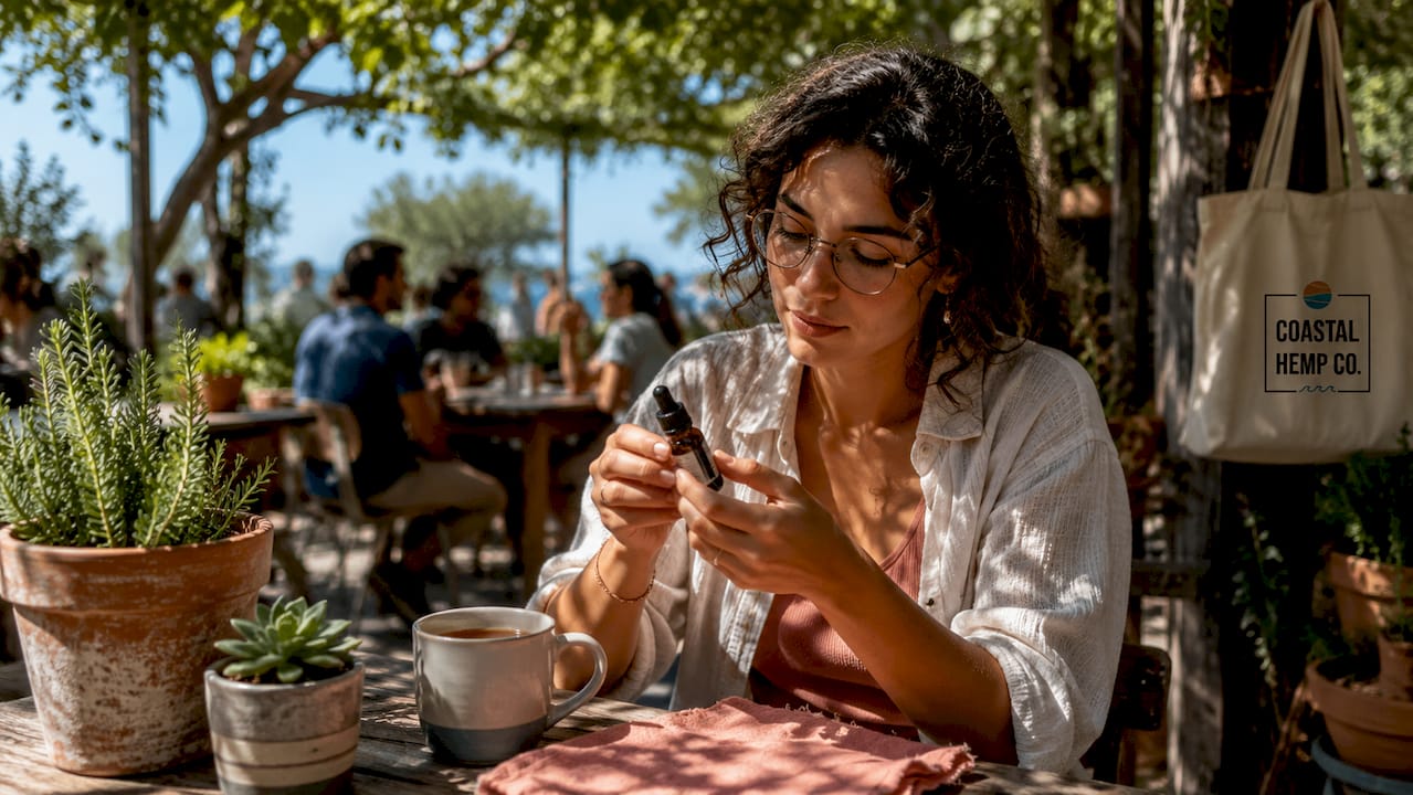 Woman inspecting hemp product at social event