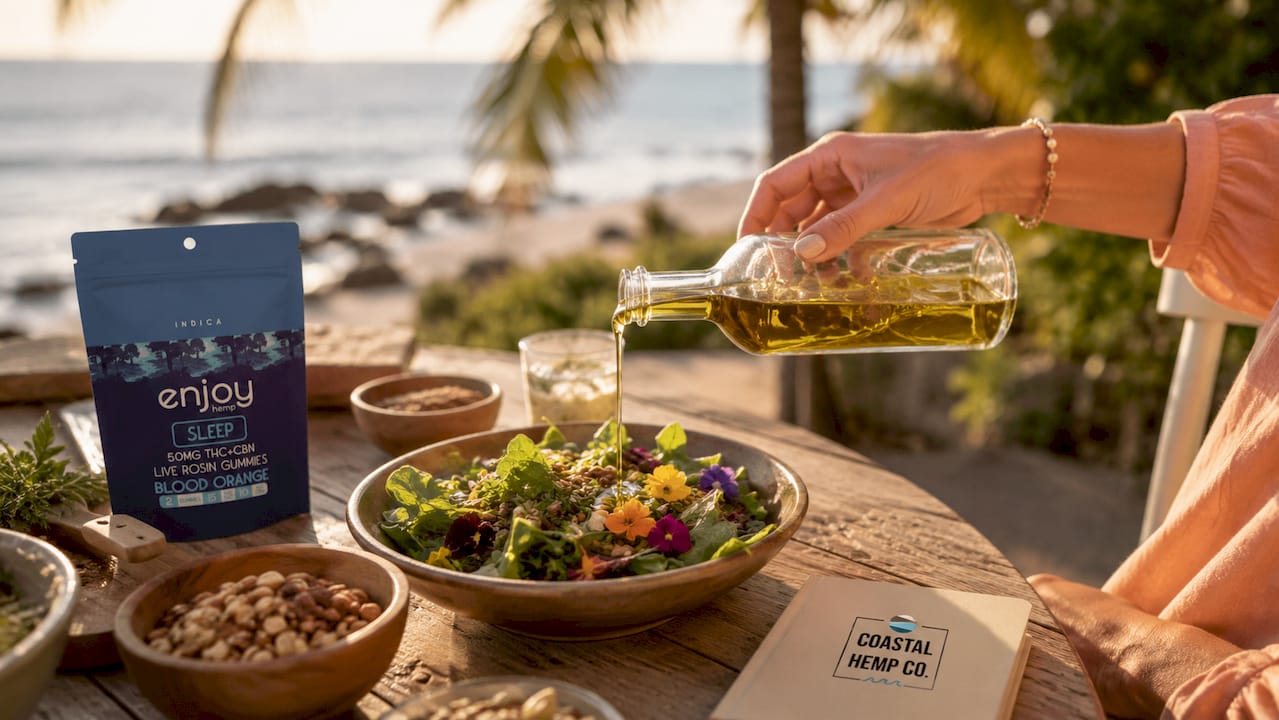 Pouring hemp seed oil over salad ingredients