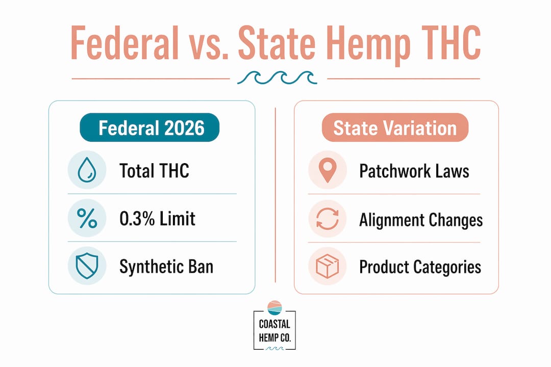 Infographic comparing federal and state hemp THC standards