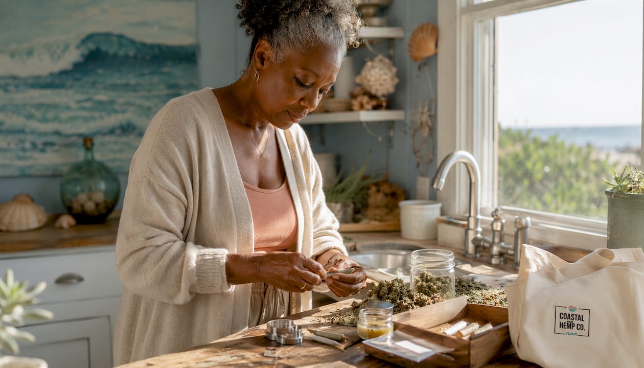 Hands rolling THCA pre-rolls on wooden table