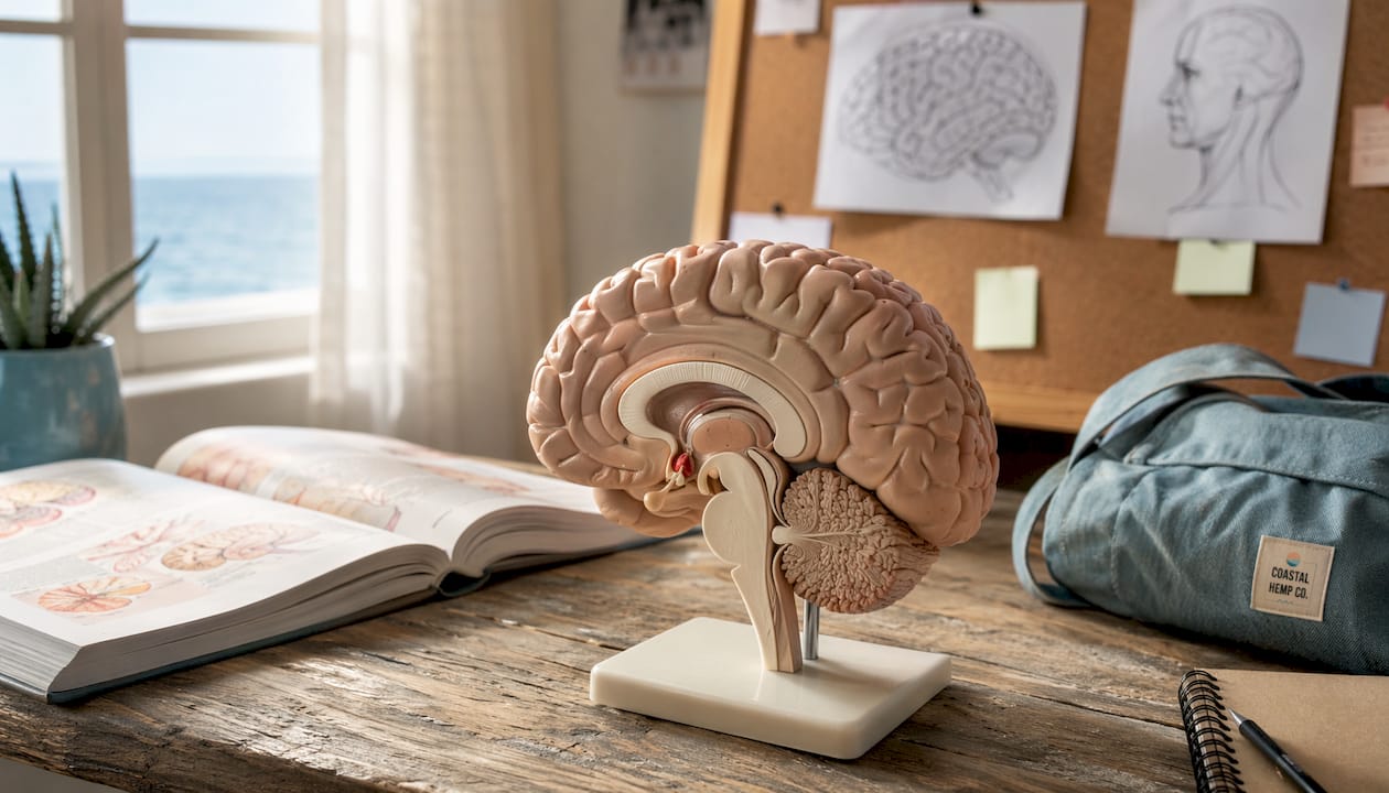 Close-up brain model highlighting hypothalamus area