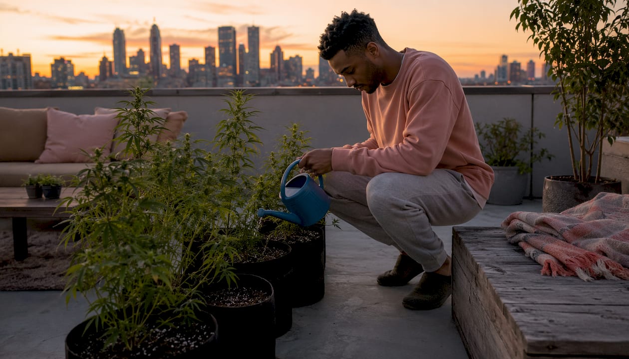 Man tending hemp plants on balcony garden