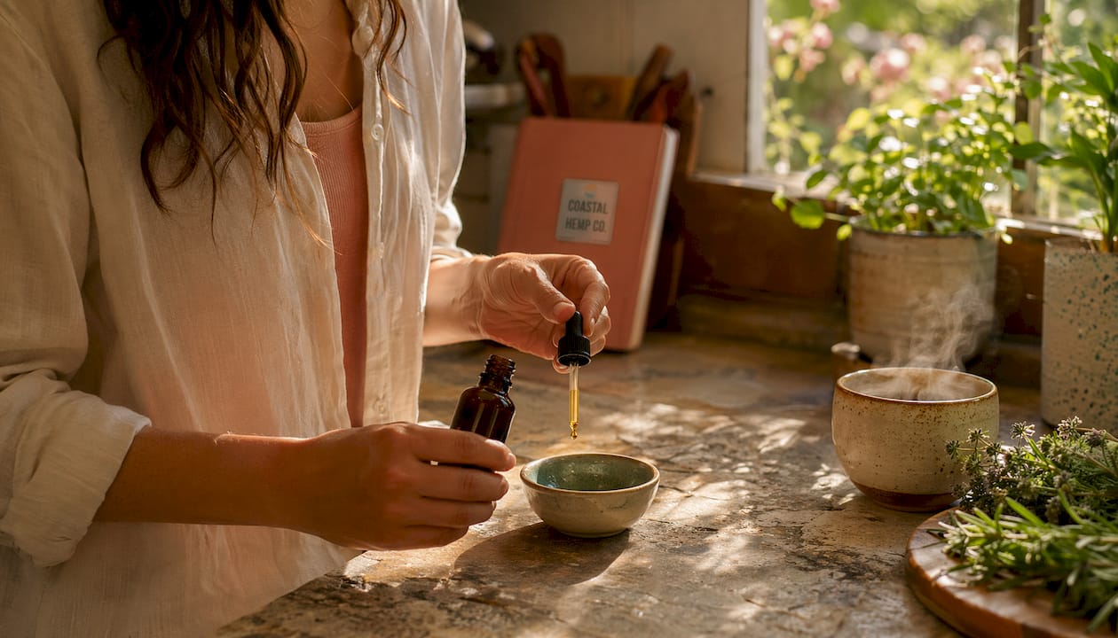 Hands placing hemp oil bottle on bedside table