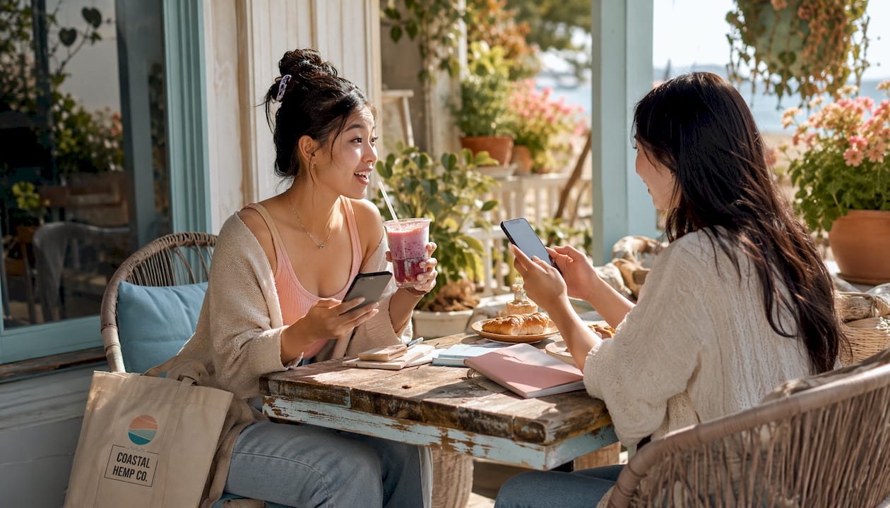 Two women discussing Delta 8 promotions in cafe