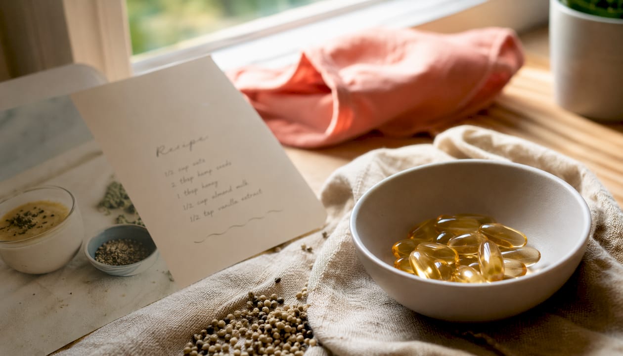Close-up of hemp seed oil capsules and seeds