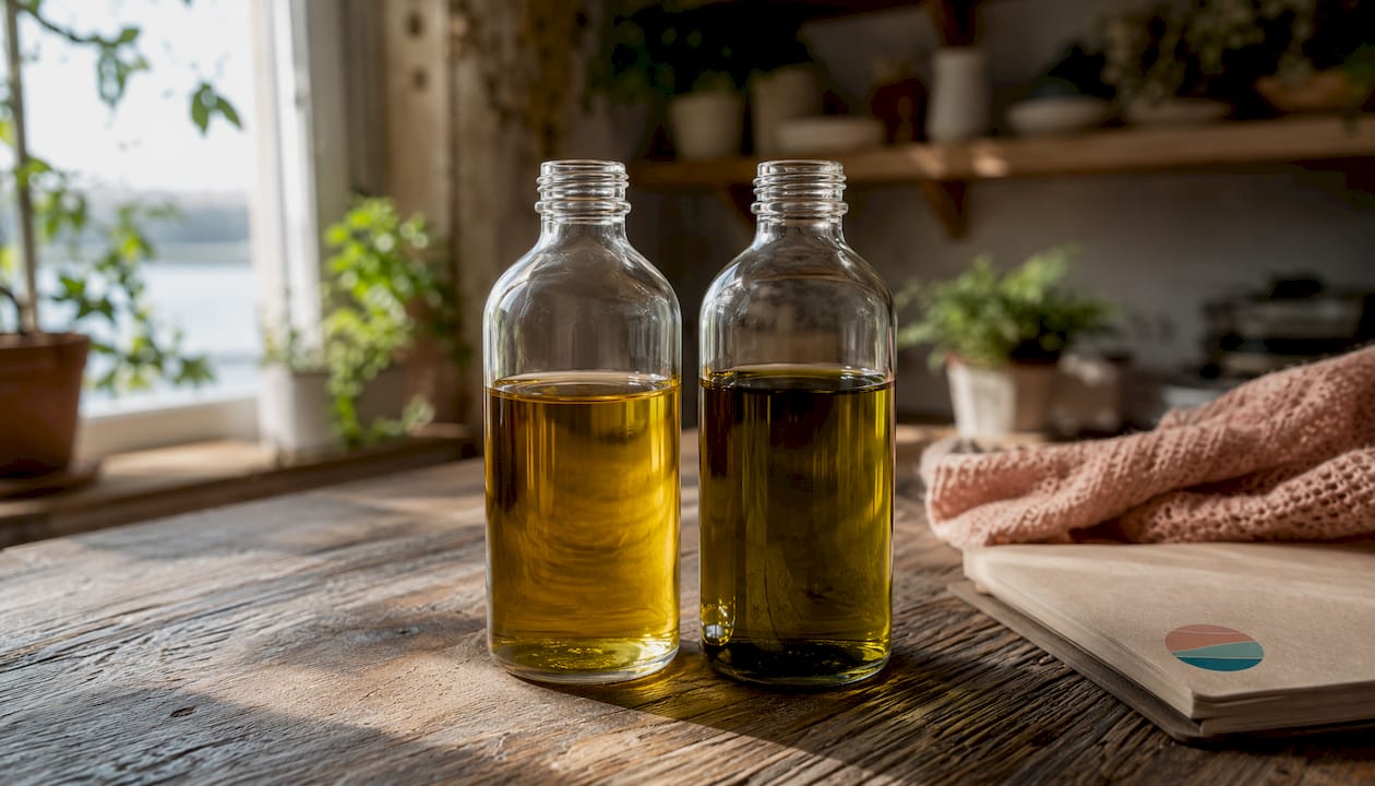 Side-by-side bottles of hemp seed oil and CBD oil