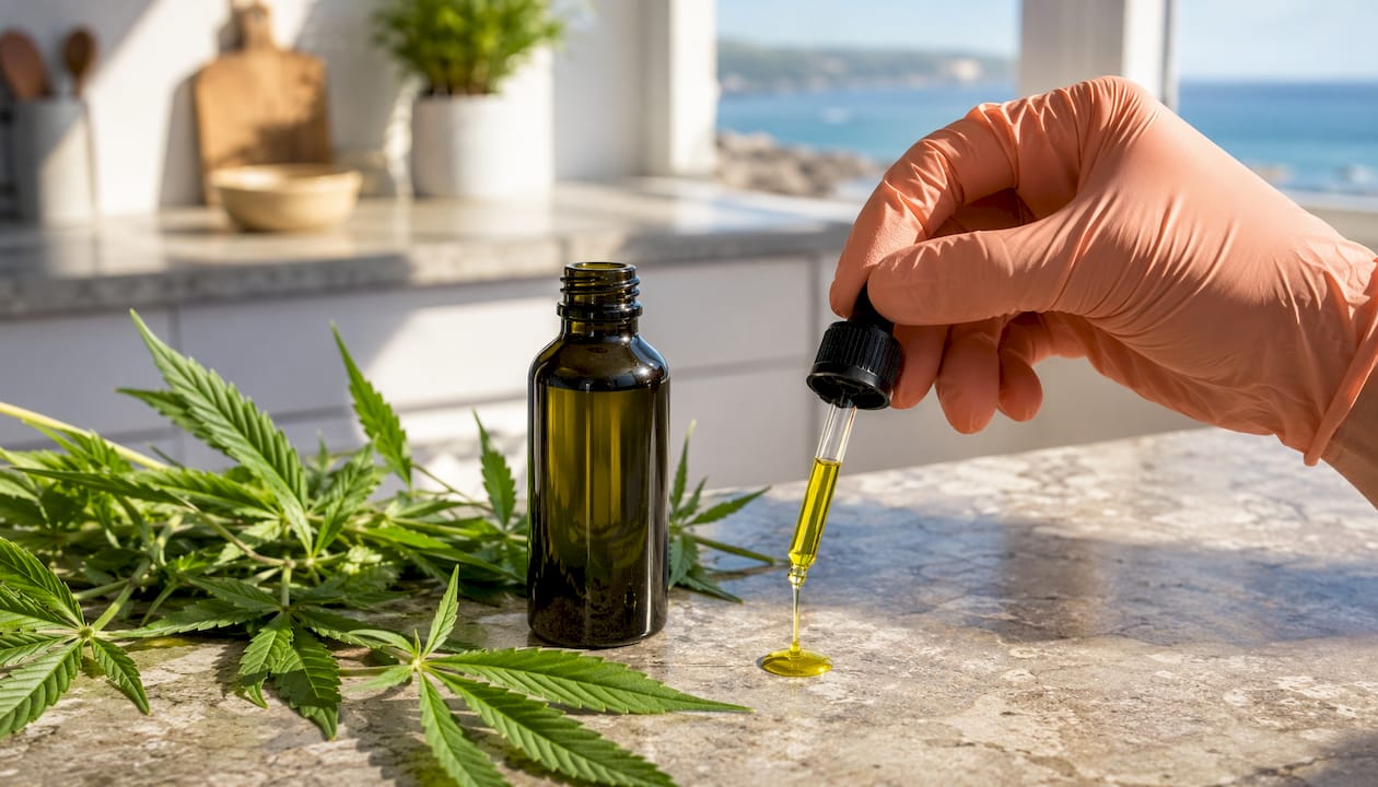 Dropper with hemp seed oil and fresh hemp leaves