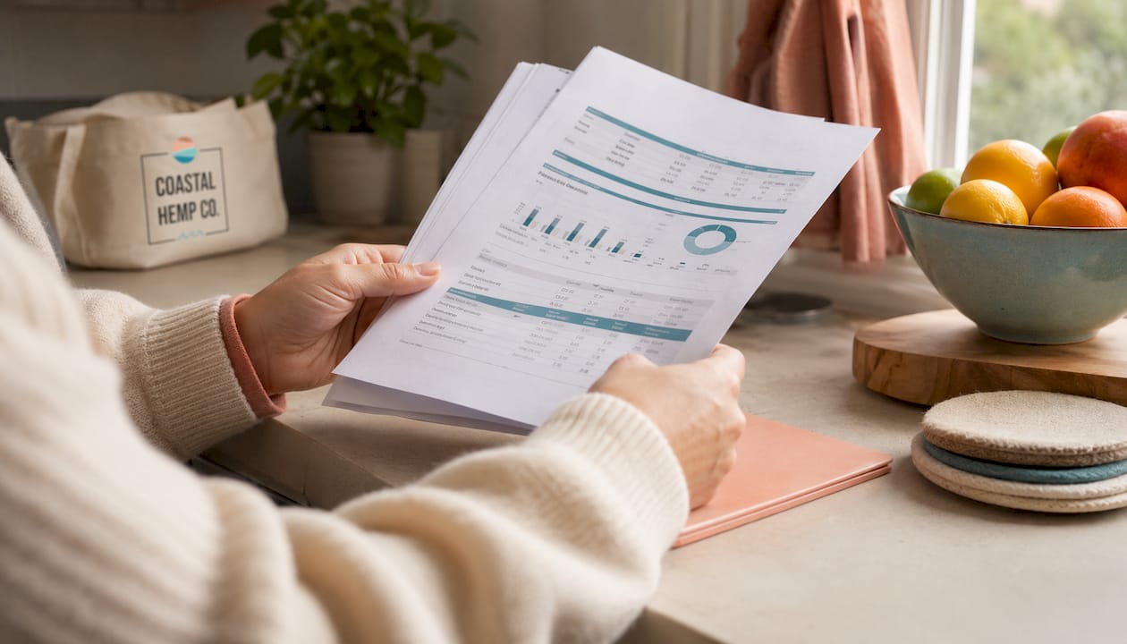 Hands reviewing hemp edible lab report documents
