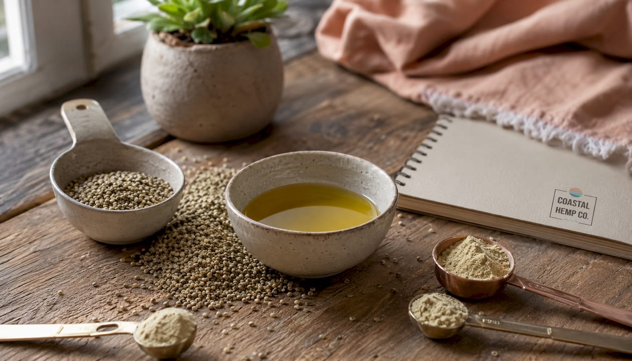 Close-up of hemp seeds and hemp seed oil on wooden counter