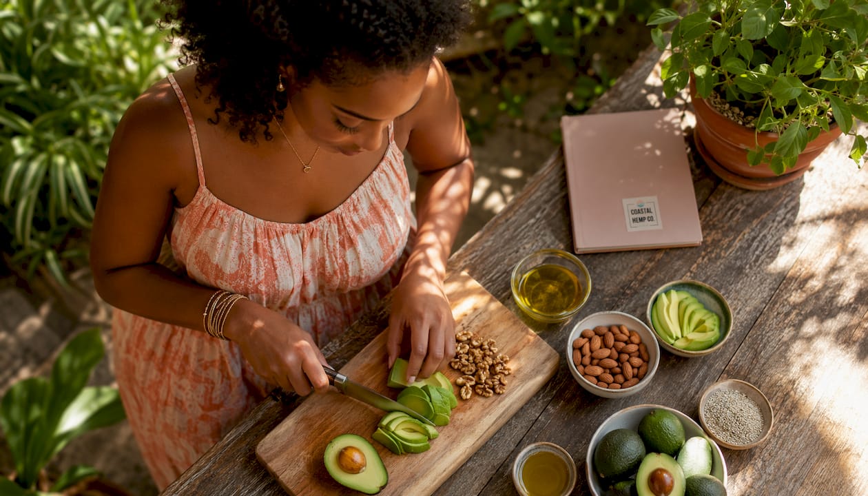 Nutritionist preparing high-fat meal with avocado