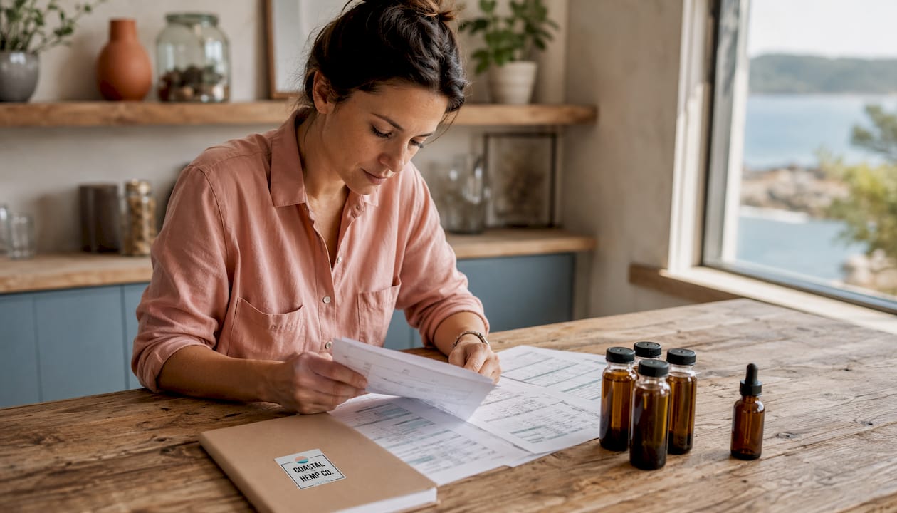 Hands reviewing hemp product lab test documents