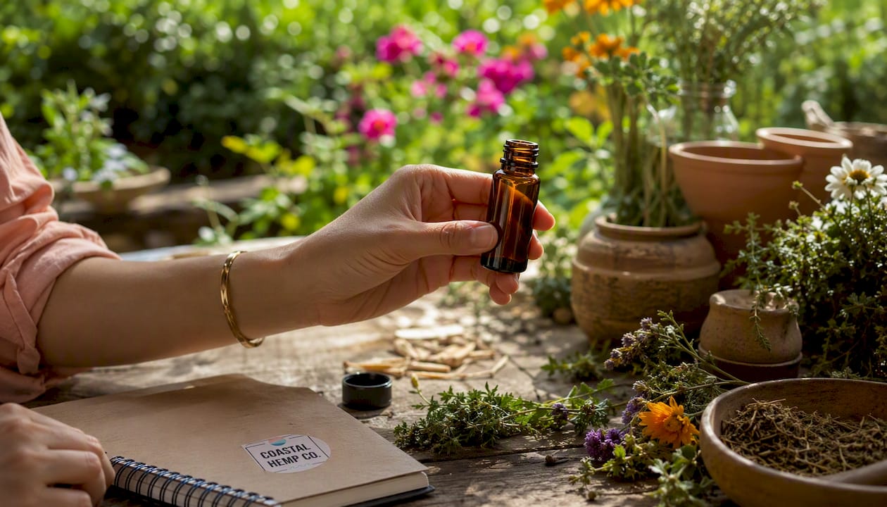 Hand holding cordyceps extract vial in lab setting
