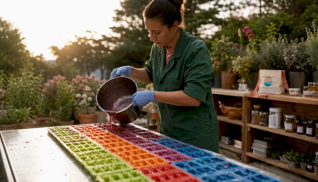Technician pouring gummy mixture into molds in lab
