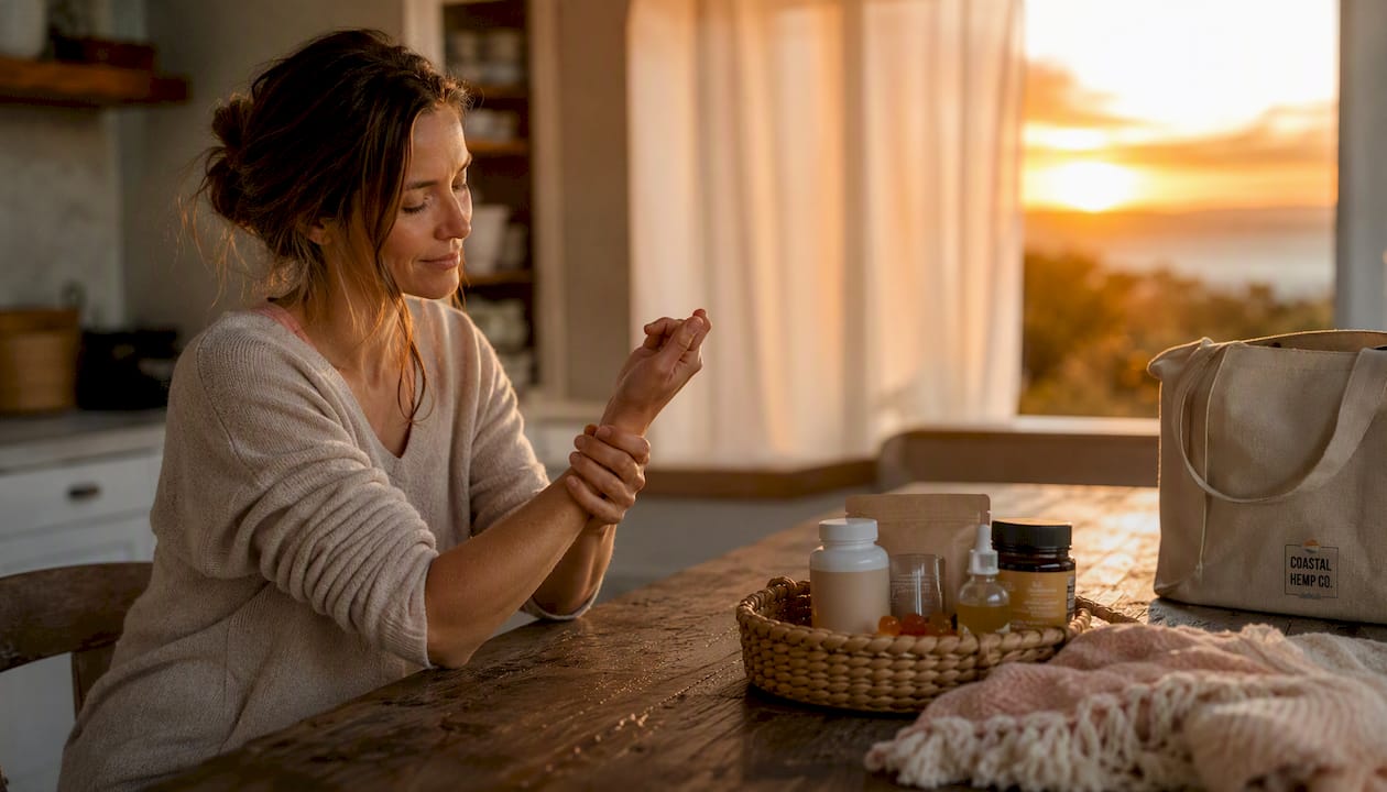 Woman massaging wrist near hemp edibles bowl