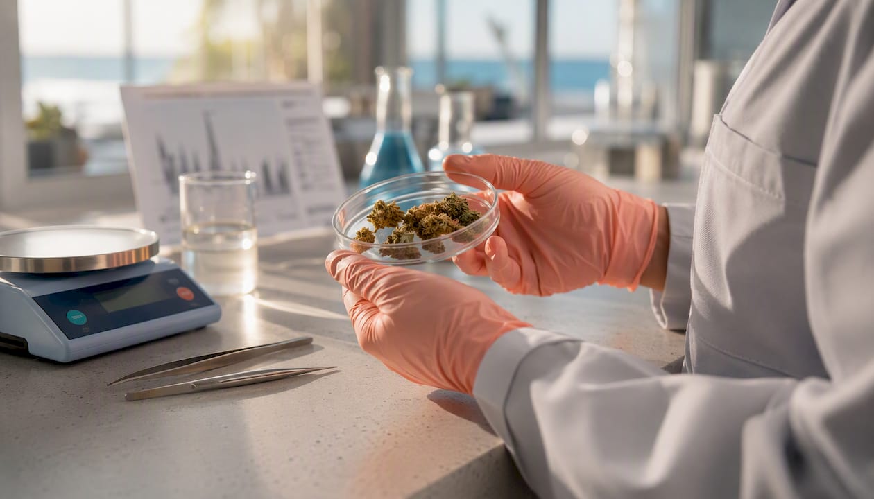Scientist examining hemp flower samples in lab