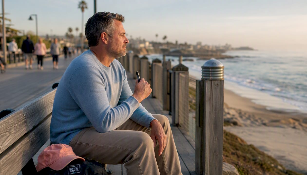 Man checking time after vaping hemp outdoors