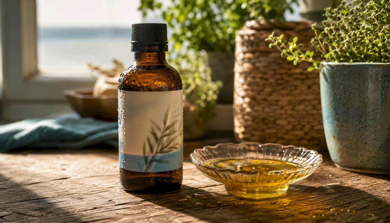 Cold-pressed hemp seed oil droplets in glass