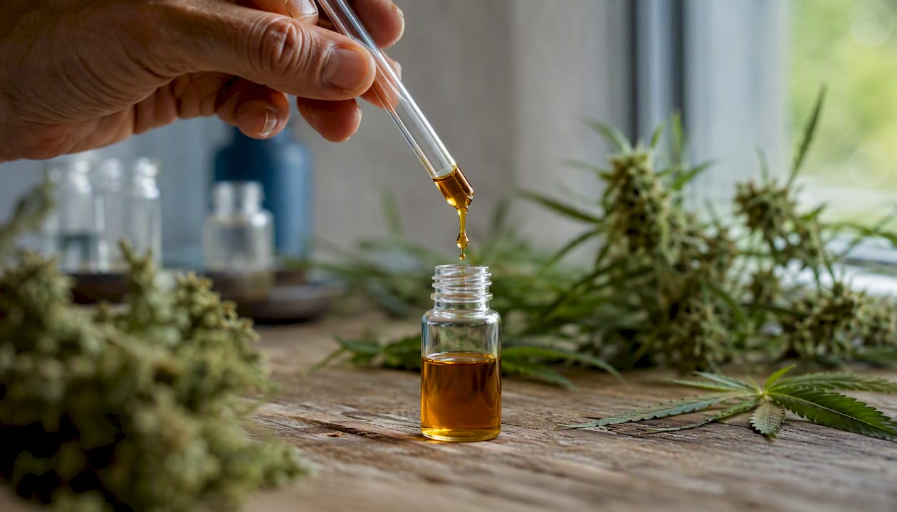 Hemp oil dripping from glass rod into vial