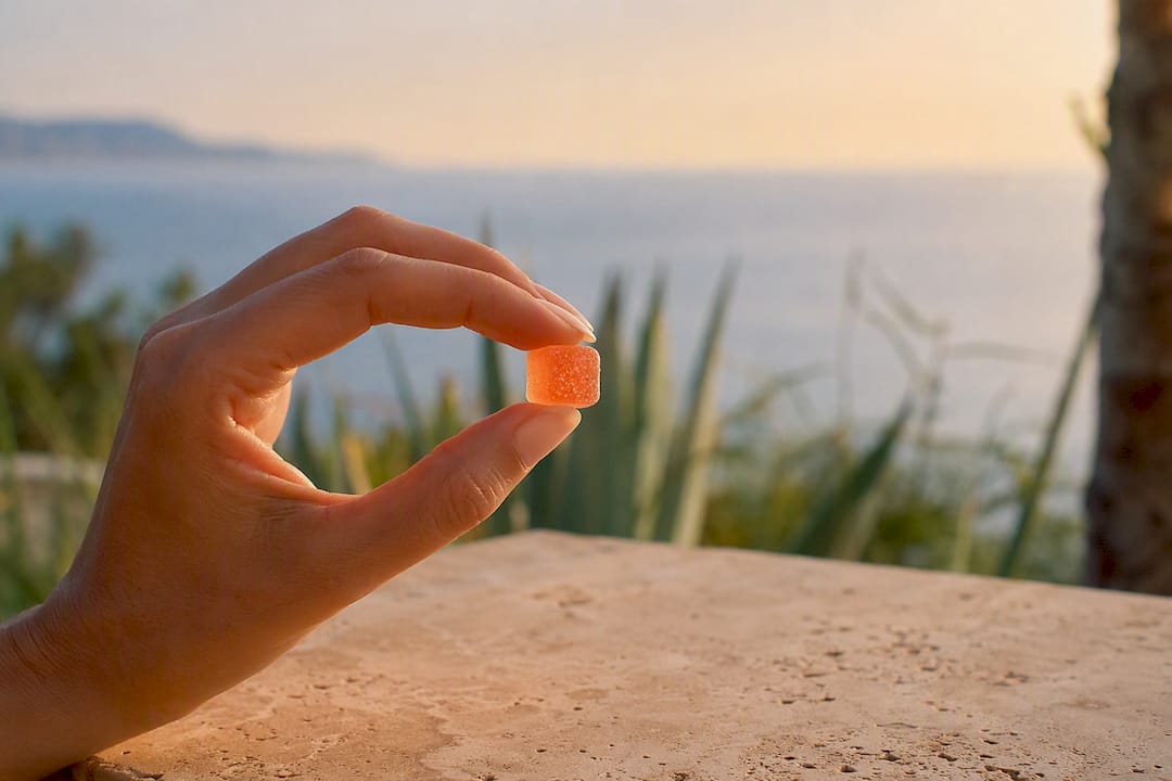 Hand holding hemp gummy