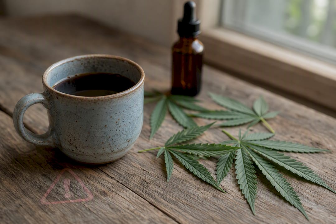 Coffee cup and hemp leaves suggesting caution
