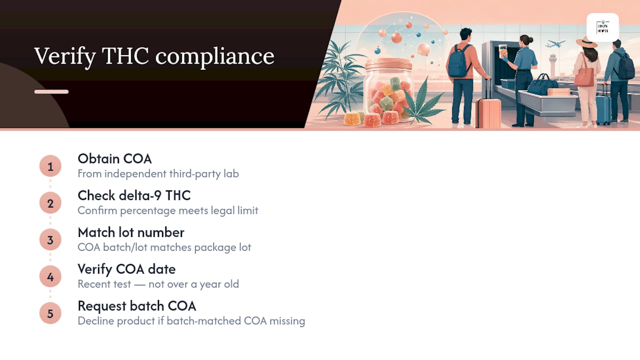 Diagram showing steps to verify THC compliance of hemp gummies